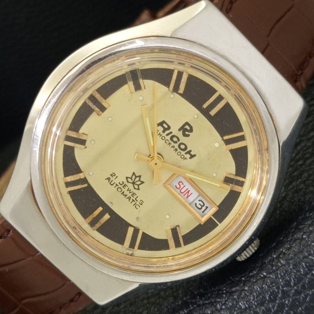 Vintage 1984 Ricoh Automatic Mens Silver Watch W/daydate & Gold accents